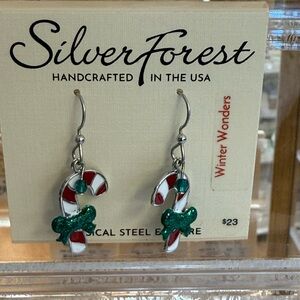 Silver Forest Christmas Red/White Candy Cane Surgical Steel Dangle Earrings